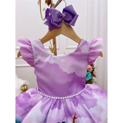 Vestido Infantil Encanto Lilás Luxo Cinto de Pérolas