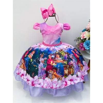 Vestido Infantil Encanto Rosa Chiclete Cinto Pérolas Mirabel