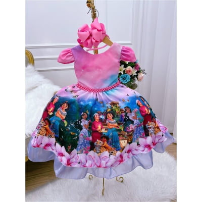 Vestido Infantil Encanto Rosa Chiclete Cinto Pérolas Mirabel