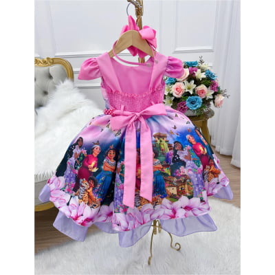 Vestido Infantil Encanto Rosa Chiclete Cinto Pérolas Mirabel