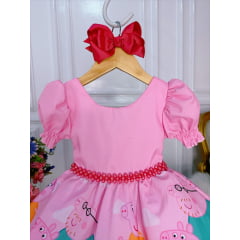 Vestido Infantil Família Peppa Rosa Chiclete Peito Strass