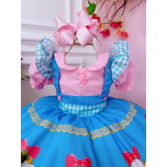 Vestido Infantil Fazendinha Vaquinha e Porquinho Rosa e Azul