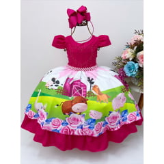 Vestido Infantil Fazendinha Pink Floral C/ Pérolas e Strass