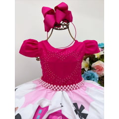 Vestido Infantil Fazendinha Pink Floral C/ Pérolas e Strass