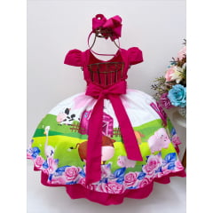 Vestido Infantil Fazendinha Pink Floral C/ Pérolas e Strass