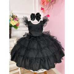 Vestido Infantil Wandinha Festa Preto Luxo
