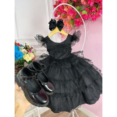 Vestido Infantil Wandinha Festa Preto Luxo
