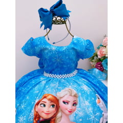 Vestido Infantil Frozen Azul Com Cinto de Pérolas Luxo