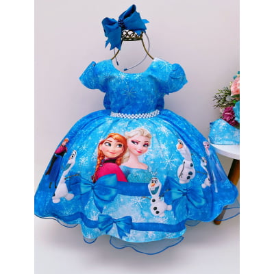 Vestido Infantil Frozen Azul Com Cinto de Pérolas Luxo