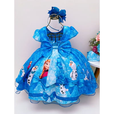 Vestido Infantil Frozen Azul Com Cinto de Pérolas Luxo