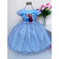 Vestido Infantil Frozen Azul Cinto Pérolas Luxo Princesa
