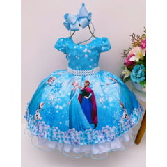 Vestido Infantil Frozen Azul C/ Cinto Pérolas Luxo Princesas