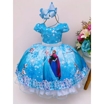 Vestido Infantil Frozen Azul C/ Cinto Pérolas Luxo Princesas