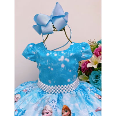 Vestido Infantil Frozen Azul C/ Cinto Pérolas Luxo Princesas