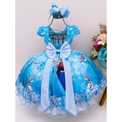 Vestido Infantil Frozen Azul C/ Cinto Pérolas Luxo Princesas