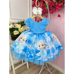 Vestido Infantil Azul Com Busto Strass Princesas Gelo