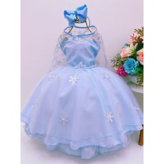 Vestido Infantil Frozen Azul Princesas com Capa Luxo