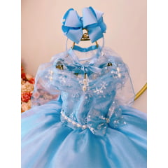 Vestido Infantil Frozen C/ Capa e Laço Princesas Luxo Festas