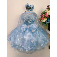 Vestido Infantil Frozen com Capa e Laço Festa Princesas Luxo