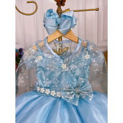 Vestido Infantil Frozen com Capa e Laço Festa Princesas Luxo