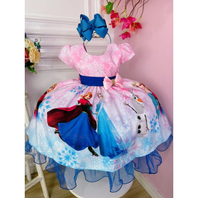 Vestido Infantil Frozen e Olaf Princesas C/ Broche de Laço