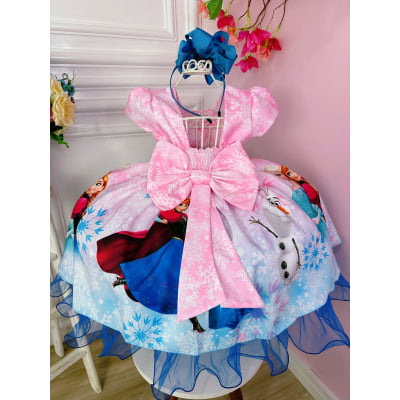 Vestido Infantil Frozen e Olaf Princesas C/ Broche de Laço