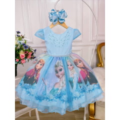 Vestido Infantil Frozen Elsa e Anna Azul Pérolas Princesas