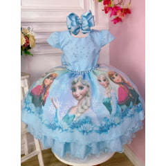 Vestido Infantil Frozen Elsa e Anna Azul Princesas Pérolas