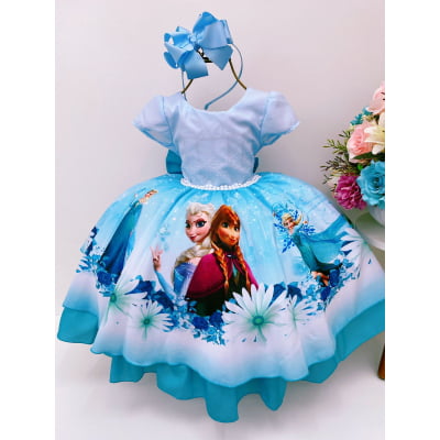 Vestido Infantil Frozen Elsa Gelo Azul Cinto Pérolas Luxo