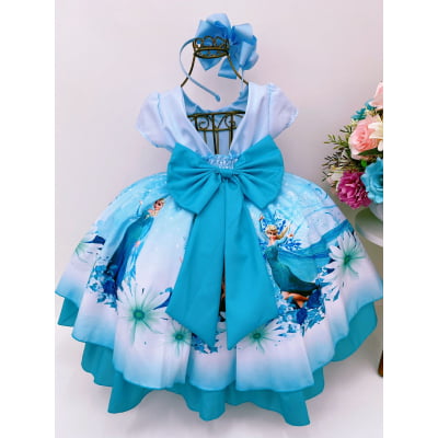 Vestido Infantil Frozen Elsa Gelo Azul Cinto Pérolas Luxo
