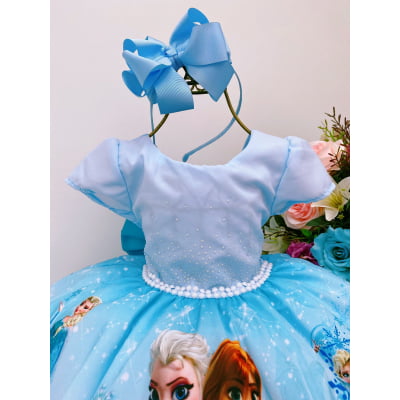 Vestido Infantil Frozen Elsa Gelo Azul Cinto Pérolas Luxo
