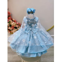 Vestido Infantil Azul Princesas Capa de Luxo Aniversário