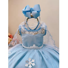 Vestido Infantil Azul Princesas Capa de Luxo Aniversário