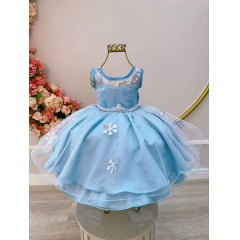 Vestido Infantil Azul Princesas Capa de Luxo Aniversário