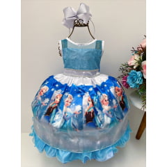 Vestido Infantil Frozen Renda Luxo Strass Azul