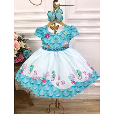 Vestido Infantil Fundo do Mar Com Cinto de Pérolas Luxo