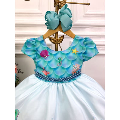 Vestido Infantil Fundo do Mar Com Cinto de Pérolas Luxo