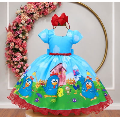 Vestido Infantil Galinha Fazendinha Vermelha Azul Festas