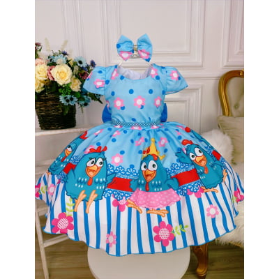 Vestido Infantil Galinha Floral Azul C/ Laço Bolinhas