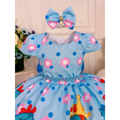 Vestido Infantil Galinha Floral Azul C/ Laço Bolinhas