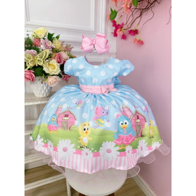 Vestido Infantil Galinha Pintadinha Azul Bolinhas Brancas