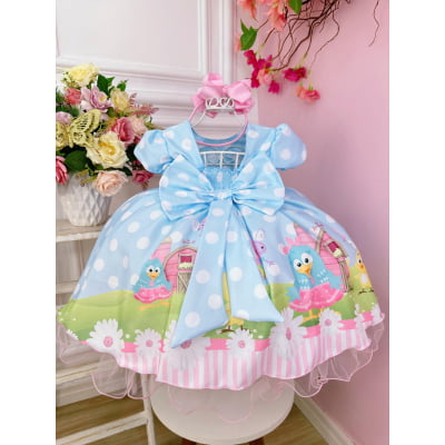 Vestido Infantil Galinha Pintadinha Azul Bolinhas Brancas