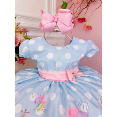 Vestido Infantil Galinha Pintadinha Azul Bolinhas Brancas