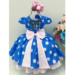 Vestido Infantil Azul Bolinhas Tule Rosa Laço