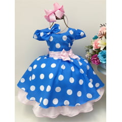 Vestido Infantil Azul Bolinhas Tule Rosa Laço