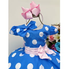 Vestido Infantil Azul Bolinhas Tule Rosa Laço