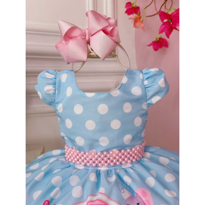 Vestido Infantil Galinha Pintadinha Azul C/ Cinto Pérolas