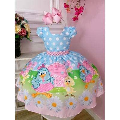 Vestido Infantil Galinha Pintadinha Azul C/ Cinto Pérolas Vestido Infantil Galinha Pintadinha Azul C/ Cinto Pérolas