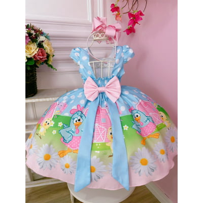 Vestido Infantil Galinha Pintadinha Azul C/ Cinto Pérolas