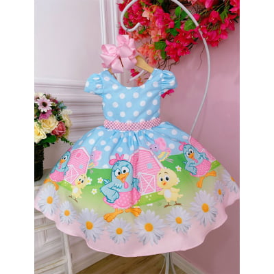 Vestido Infantil Galinha Pintadinha Azul C/ Cinto Pérolas